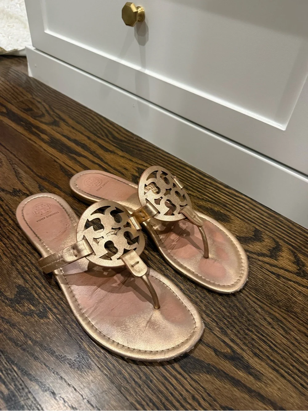 Tory Burch Metallic Rose Gold Logo Thong Sandals